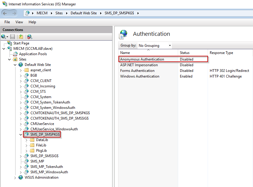 Anonymous access disabled in IIS manager