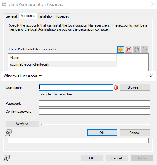 Client push installation properties