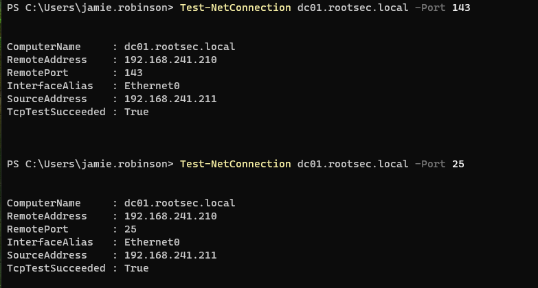 Test-NetConnection results