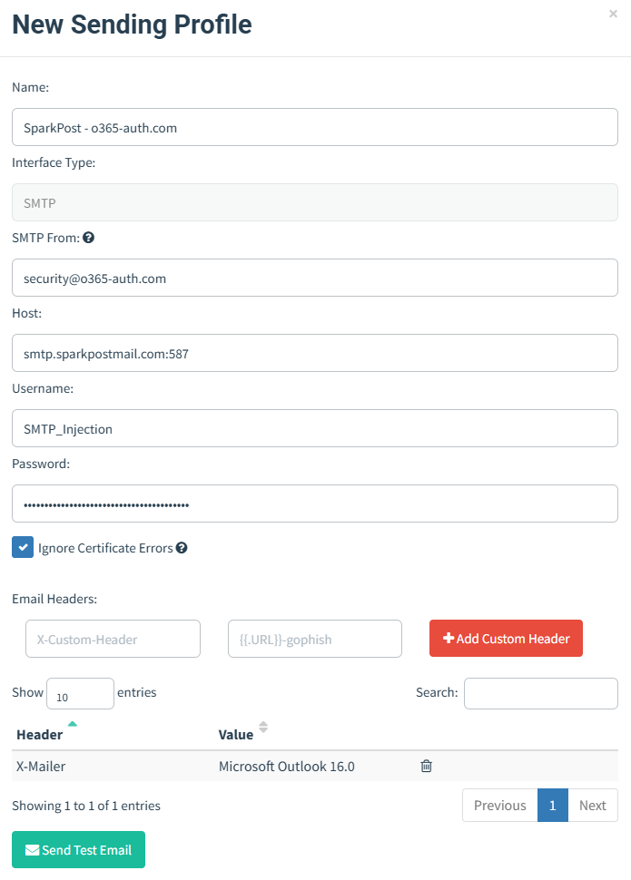 GoPhish sending profile