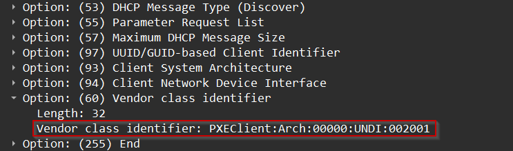 PXEClient vendor class identifier in DHCP packet