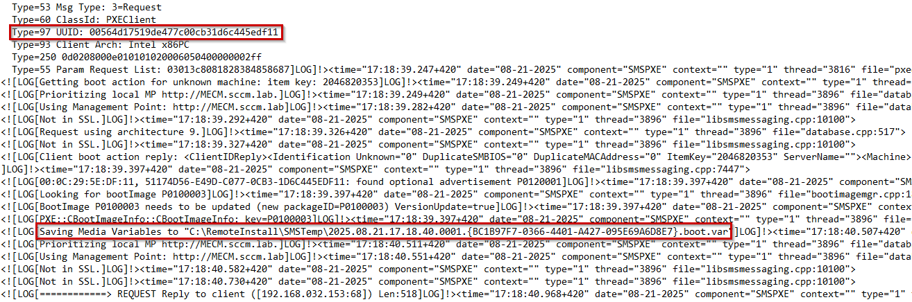 UUID & variables present within log